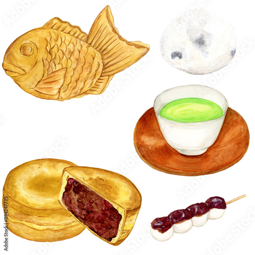 手描き水彩の美味しそうなあんこを使った和菓子のイラストセット