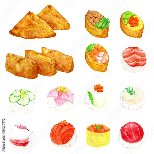 手描き水彩の美味しそうな稲荷寿司と手毬寿司のイラストセット
