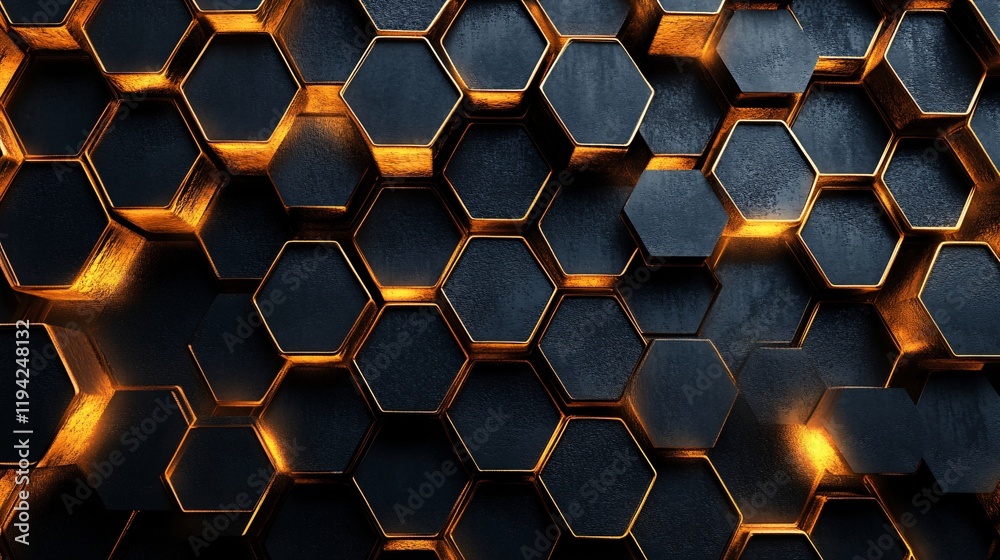 A honeycomb pattern with golden glowing edges on a matte black background