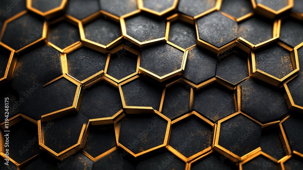 A honeycomb pattern with golden glowing edges on a matte black background A honeycomb pattern with golden glowing edges on a matte black background