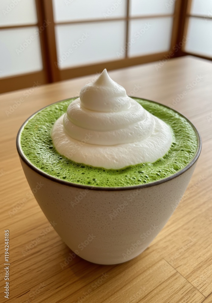 Creamy matcha latte with whipped cream in a ceramic cup on wooden table Creamy matcha latte with whipped cream in a ceramic cup on wooden table