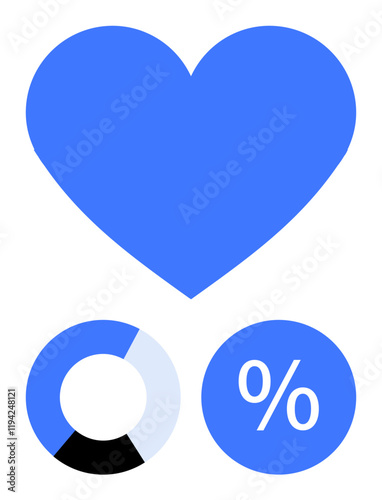 Blue heart shape with a pie chart and percentage symbol suggesting health metrics, statistical data, love or care analysis. Ideal for healthcare, wellness, data analysis, love-related statistics