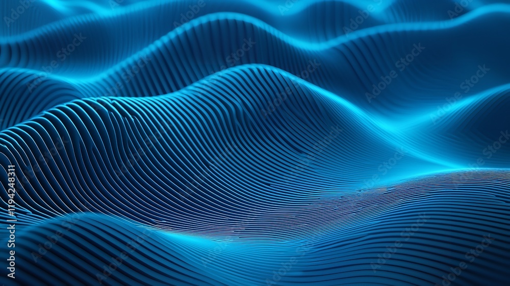 Abstract Glowing Blue Particle Wave Motion, Technology Background. 3D Render, Digital Landscape. Abstract Glowing Blue Particle Wave Motion, Technology Background. 3D Render, Digital Landscape.
