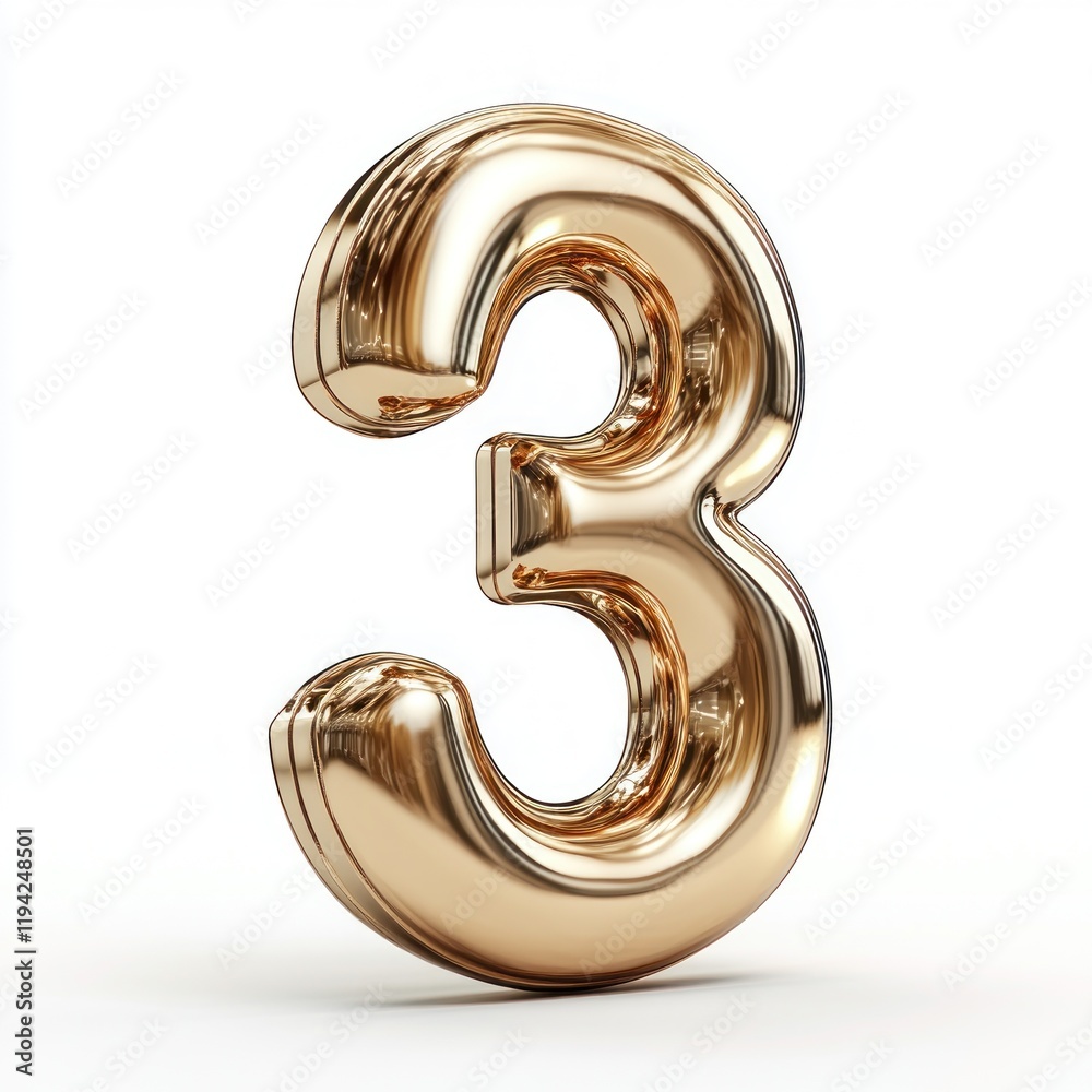 Golden Number Three: A 3D Rendered Metallic Balloon Digit Golden Number Three: A 3D Rendered Metallic Balloon Digit