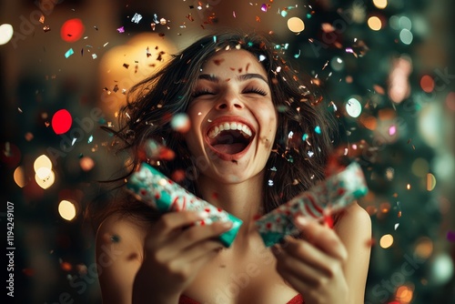 A beautiful young woman with a slim figure, excitedly popping a holiday cracker, her face lit up with surprise and laughter as confetti bursts into the air