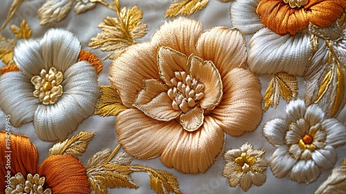 A fabric surface with embroidered gold and silver threads creating floral patterns