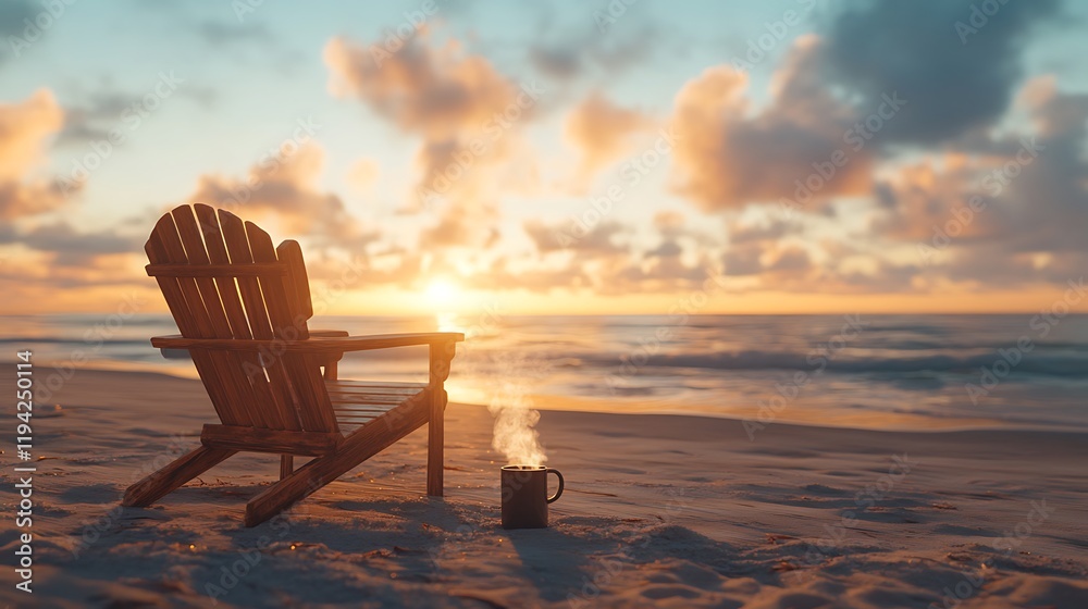Fototapeta premium A classic wooden lounge chair positioned on a quiet beach, a coffee mug steaming on the armrest, the early morning sun casting a golden glow on the ocean, tranquil and inspiring atmosphere,