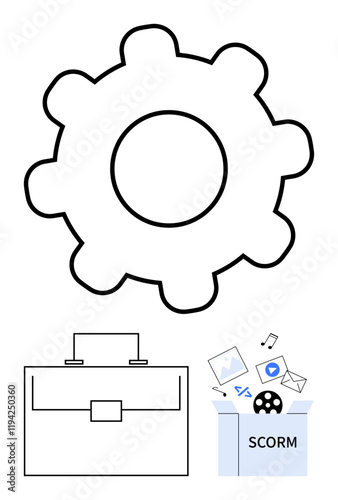 Large gear for processes, briefcase for work tasks, SCORM file icons for e-learning content. Ideal for productivity, education, work tools, technology systems, learning platforms, management photo