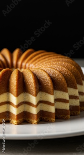 Delicious layered caramel custard cake with rich textures on a white plate photo