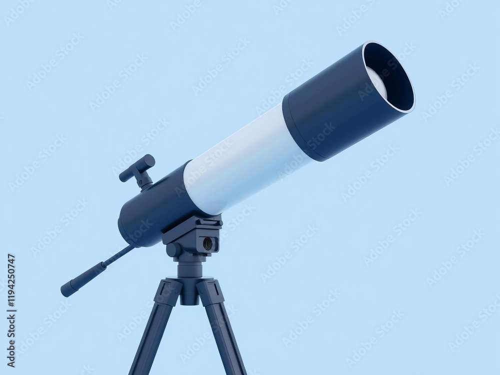 Blue telescope with tripod standing against a pale background, 3D rendered illustration for astronomy and star gazing concepts, tripod, astronomy, 3D illustration Blue telescope with tripod standing against a pale background, 3D rendered illustration for astronomy and star gazing concepts, tripod, astronomy, 3D illustration