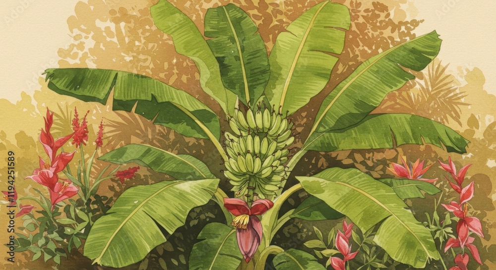 Obraz premium Vibrant tropical banana plant in lush garden with exotic flowers