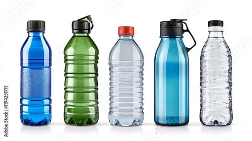A collection of various colorful plastic water bottles arranged in a row, showcasing different shapes and sizes.