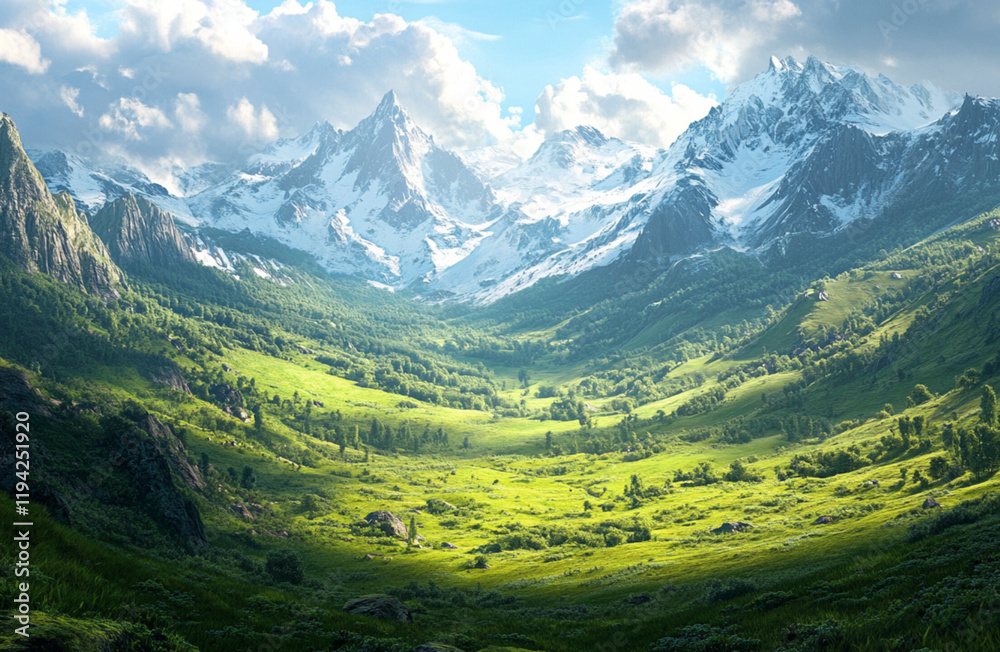 Beautiful green mountains with snow-capped peaks in the background. Landscape of highland valley and alpine meadow on a sunny day. Vast nature scene of the French Alps Beautiful green mountains with snow-capped peaks in the background. Landscape of highland valley and alpine meadow on a sunny day. Vast nature scene of the French Alps