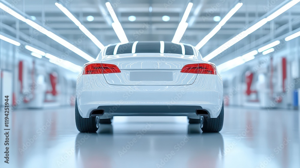 Obraz premium Sleek white car parked in modern garage, secure, clean and ready to drive 