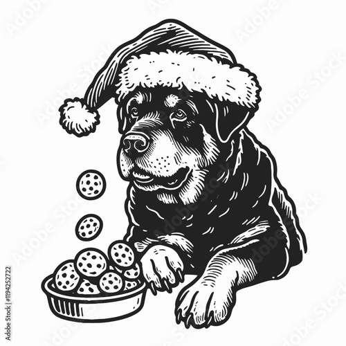 A festive illustration of a dog wearing a Santa hat, joyfully surrounded by cookies in a bowl, embodying a cheerful holiday spirit.