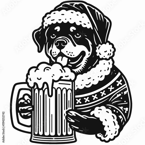 A playful illustration of a dog in a festive sweater and Santa hat, joyfully holding a frothy beer mug.