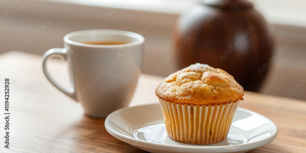 Close-up of a creamy latte being sweetened with sugar, with a blurred muffin in the background, muffin, coffee, morning Close-up of a creamy latte being sweetened with sugar, with a blurred muffin in the background, muffin, coffee, morning