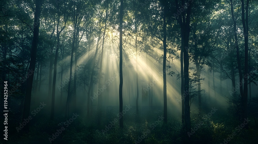 Obraz premium Sunlight beams through misty forest trees on a serene morning path