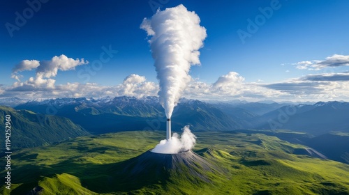 Majestic volcanic landscape with steam plume rising from a geothermal power plant amidst mountains photo