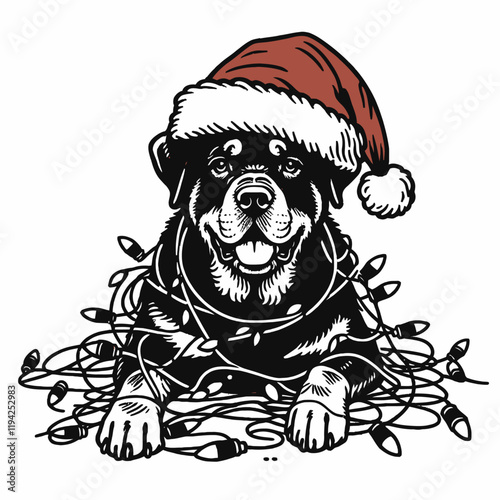 A playful dog wearing a Santa hat is tangled in Christmas lights, showcasing a festive and humorous holiday spirit.
