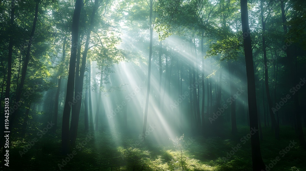 Sunlight beams through misty forest trees on a serene morning path Sunlight beams through misty forest trees on a serene morning path