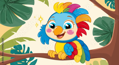 A vibrant and colorful cartoon parrot perched on a branch, perfect for kids' illustrations and educational materials. This AI-generated artwork features a tropical parrot with a friendly and playful.