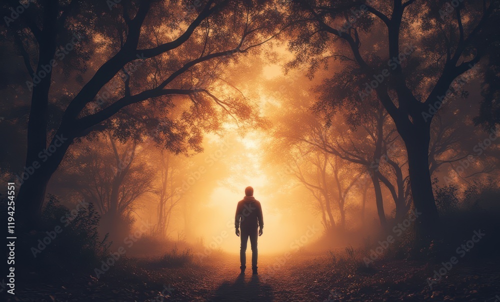 Silhouette of a person in misty forest Silhouette of a person in misty forest