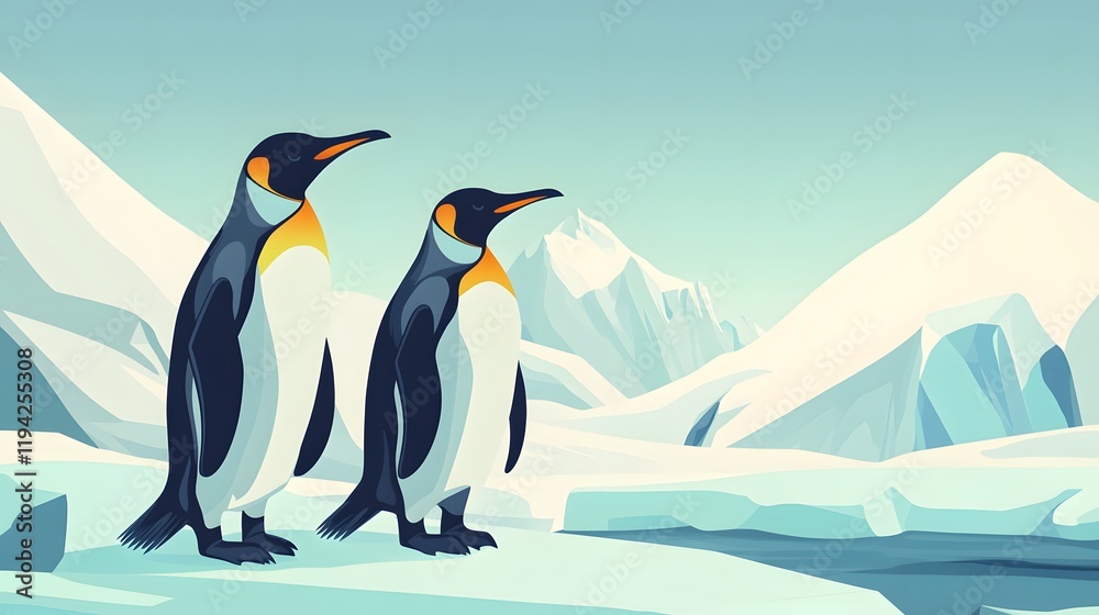 Fototapeta premium Penguin standing on ice in the polar region surrounded by snow and cold, showcasing the beauty of wildlife in Antarctica with an emperor penguin