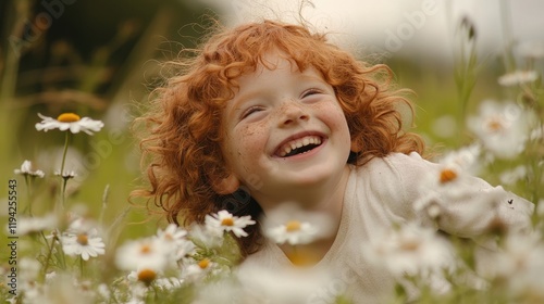 Smiling caucasian child with red hair in flower field  National Apology Day	
 photo