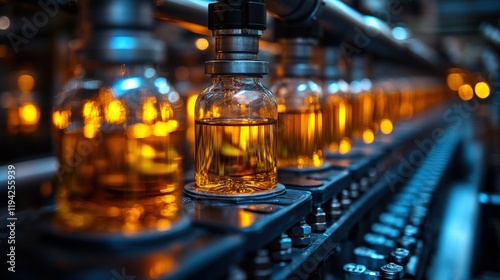 Glass bottles filled with amber liquid arranged in a manufacturing facility showcasing production process in a vibrant illuminated factory setting