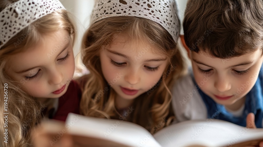 Three caucasian children reading together with focus and curiosity Erev Purim Three caucasian children reading together with focus and curiosity Erev Purim
