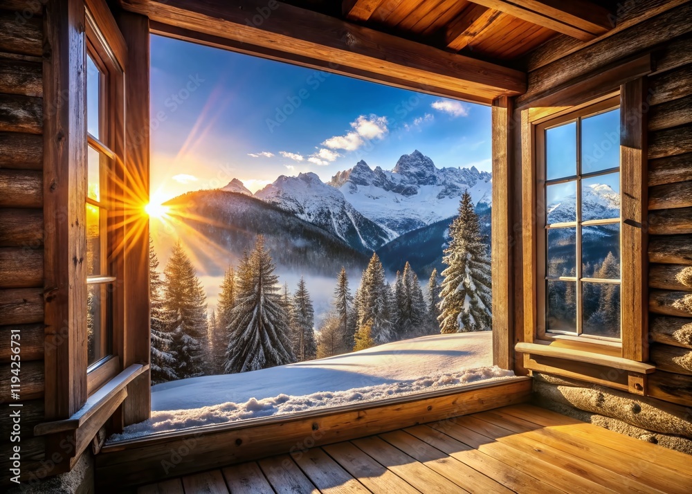 Serene Winter Mountain View from Rustic Cabin Window - Snow Covered Peaks, Warm Sunlight