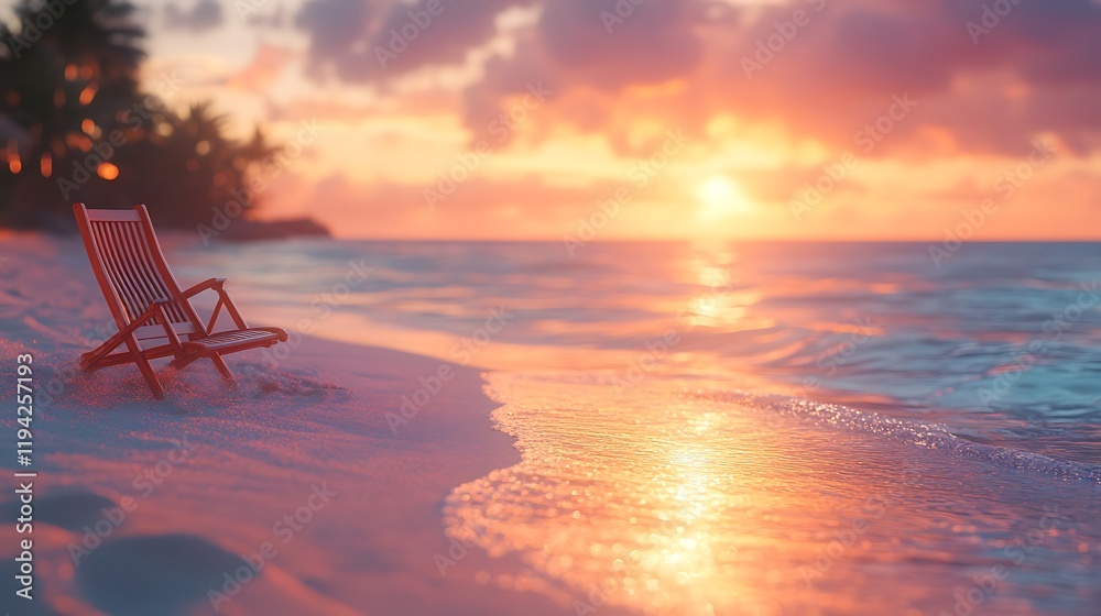 A peaceful beach scene with a single lounge chair, the sand glowing softly in the sunset’s light, the calm ocean reflecting shades of orange, pink, and purple, serene and inviting, hd quality. A peaceful beach scene with a single lounge chair, the sand glowing softly in the sunset’s light, the calm ocean reflecting shades of orange, pink, and purple, serene and inviting, hd quality.