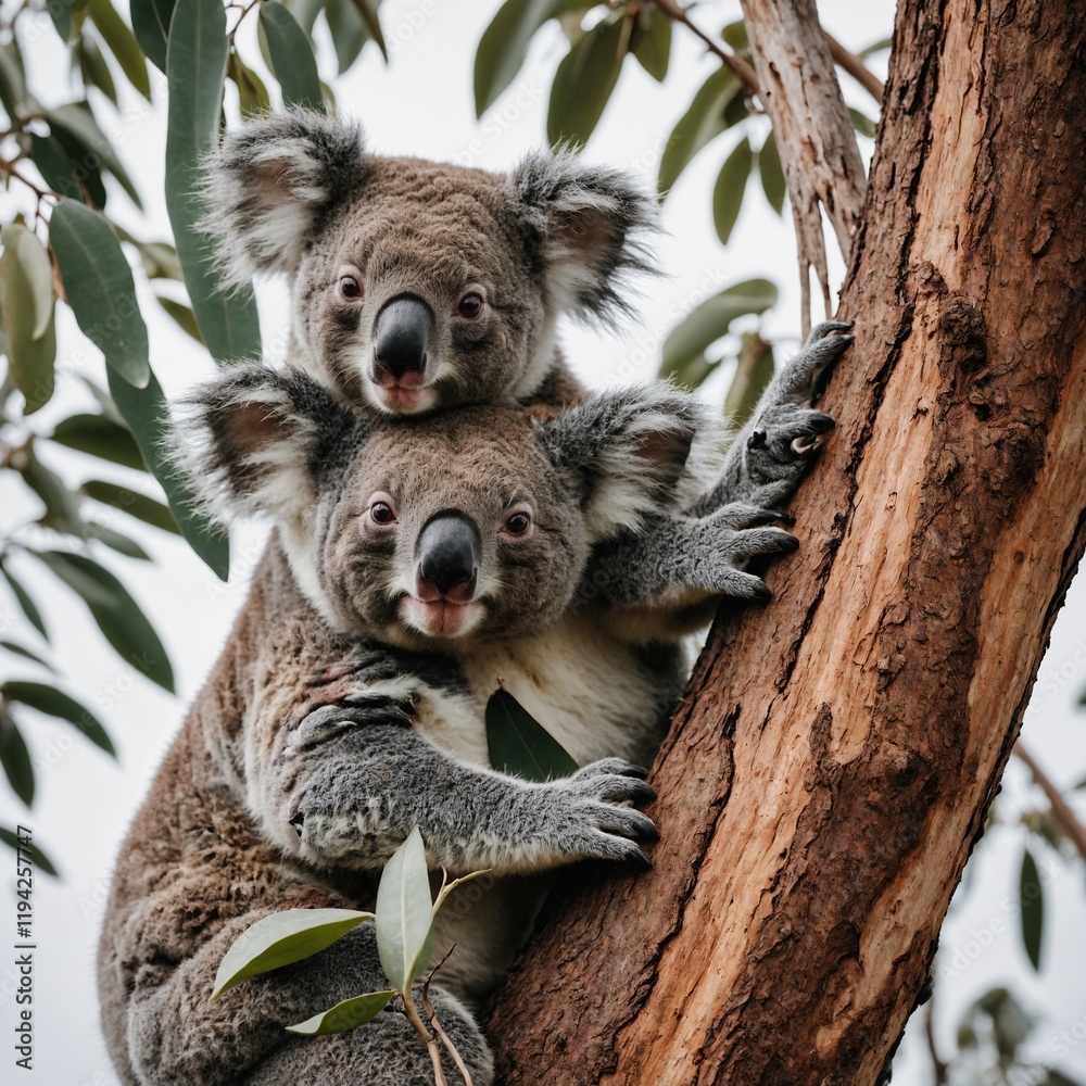 Obraz premium A peaceful koala family clinging to a tree on a white background.