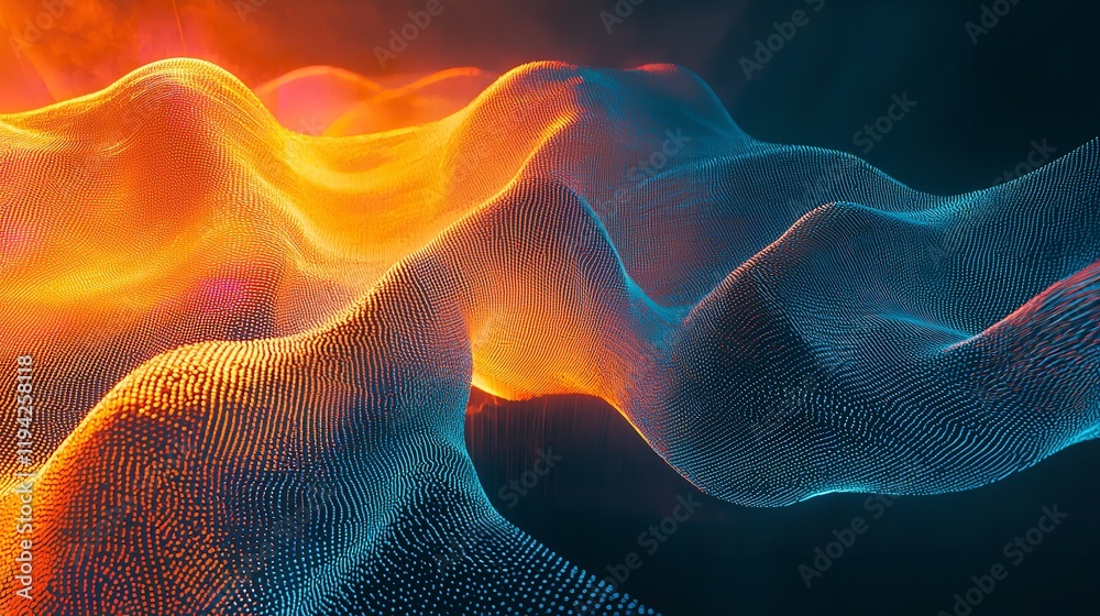 Fototapeta premium Abstract depiction of a neural network with glowing blue and orange connections, resembling a complex web of neurons and synapses
