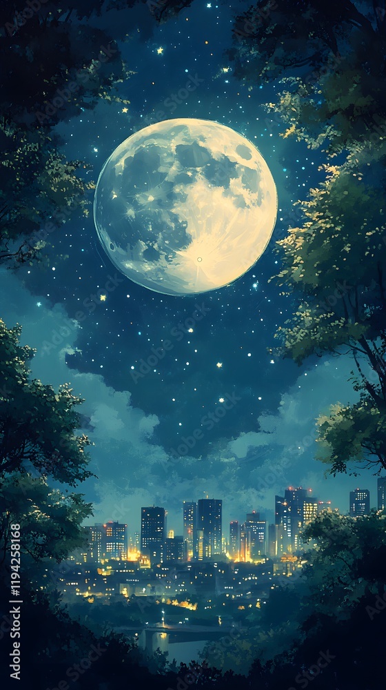 A serene night scene featuring a large moon over a city skyline. A serene night scene featuring a large moon over a city skyline.