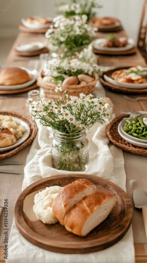 Rustic table setting with fresh bread and floral centerpieces