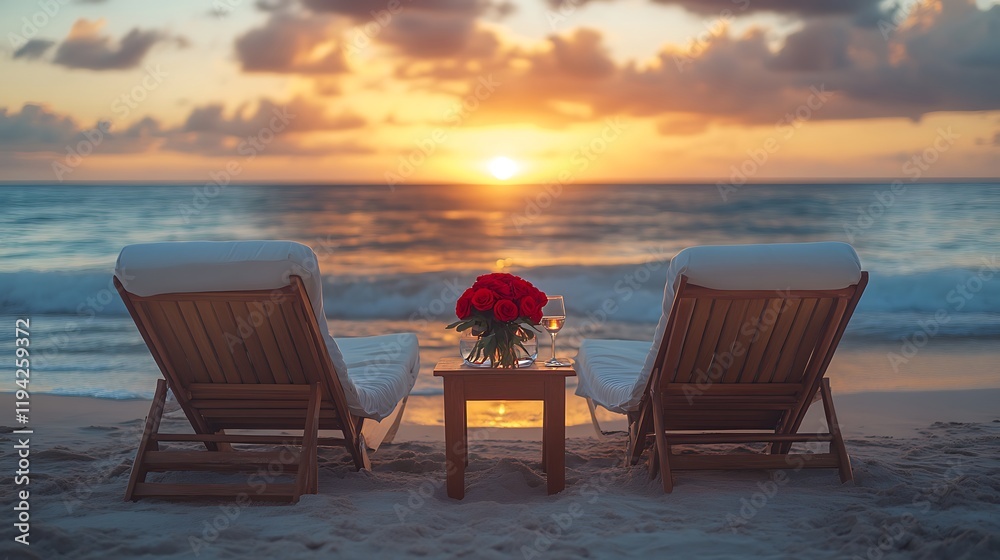 A romantic double lounge chair setup on a secluded sandy beach, adorned with soft white cushions and a bouquet of red roses, two wine glasses on a small wooden table between the chairs, A romantic double lounge chair setup on a secluded sandy beach, adorned with soft white cushions and a bouquet of red roses, two wine glasses on a small wooden table between the chairs,