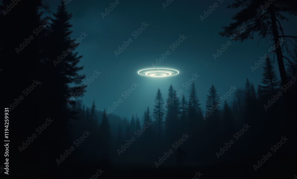 Mysterious UFO over dark forest Mysterious UFO over dark forest