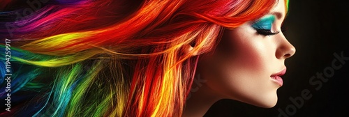 Vibrant Rainbow Hair Woman Profile Dramatic Beauty Shot