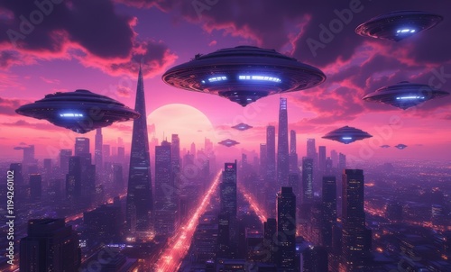 Futuristic cityscape with UFOs at sunset photo