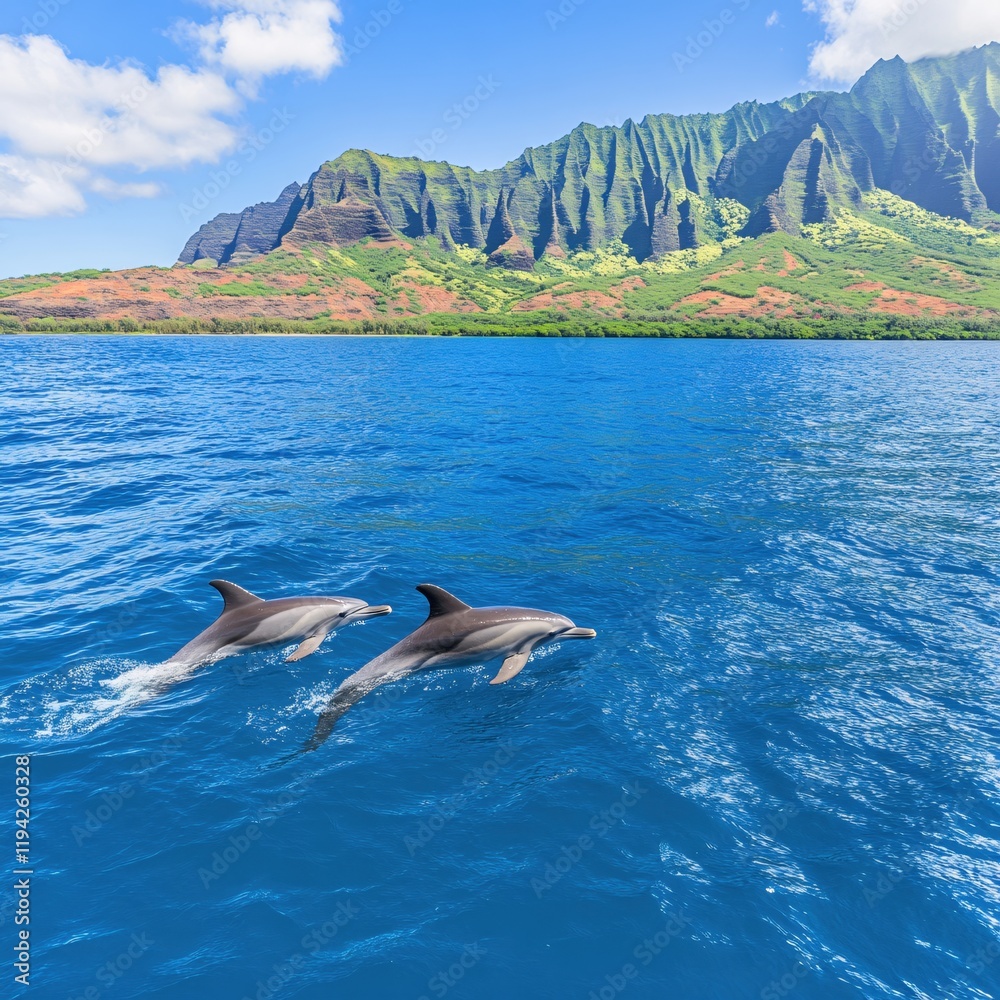 Fototapeta premium Dolphins Leap in Turquoise Ocean Tropical Cliffs Background