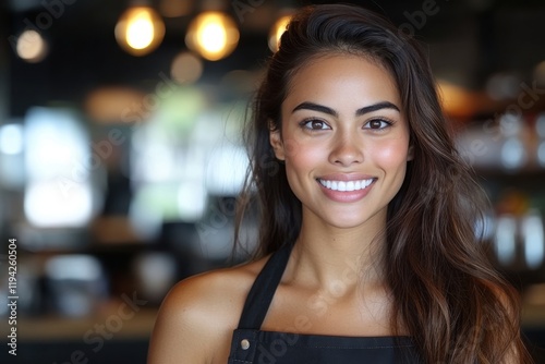 Smiling young hispanic female barista in a cozy cafe setting