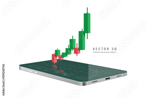 Stock Chart or Cryptocurrency Chart or candlestick uptrend from red to green and profitable for trader. all place on mobile phone, vector 3d isolated for making media about stock trading investment