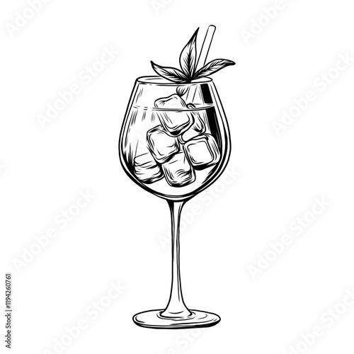Sketch of Alcoholic cocktail with mint and ice cubes. Glass of drink. Isolated black and white vintage engraving. Hand drawing. Vector illustration long drink beverage for holiday celebrating.