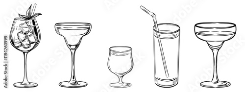 Alcoholic cocktails set. Glass of margarita, brandy, vermouth, whiskey, cocktail straw and ice cubes. Isolated black and white vintage sketch. Hand drawing. Long drink beverages for holiday celebratin