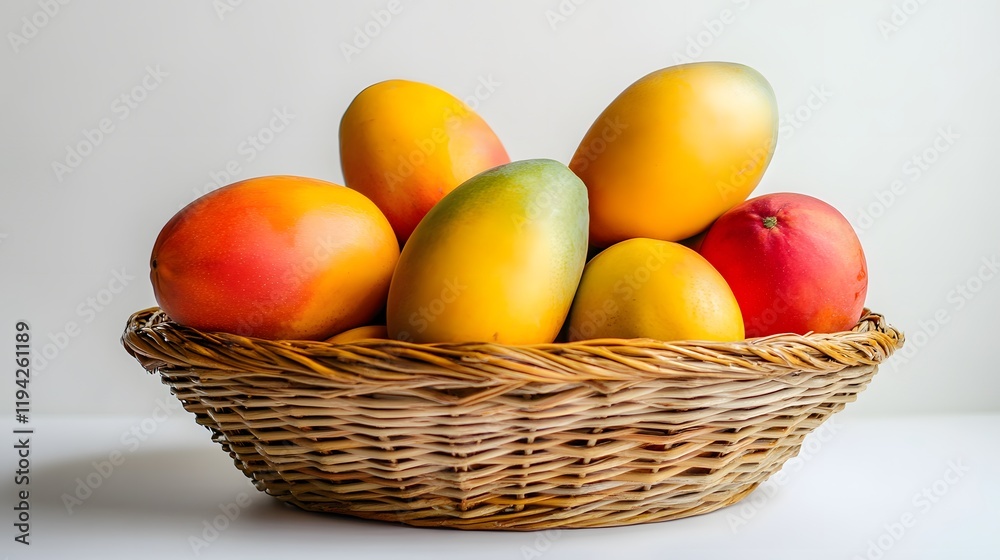 51. A white background with a basket full of bright and colorful tropical fruits including mangoes and papayas 51. A white background with a basket full of bright and colorful tropical fruits including mangoes and papayas