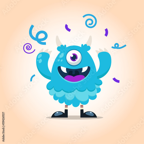 Fun and colorful vector illustration of a cheerful blue one-eyed monster celebrating with confetti and playful swirls. The character features a fluffy texture, small horns, striped socks, and a vibran