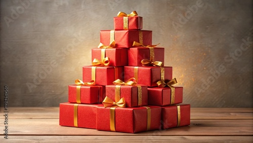 Stack of Red Gift Boxes with Golden Ribbons - Pyramid Shaped Holiday Presents