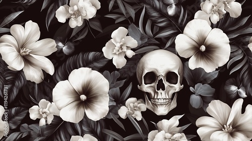 Monocromatic Floral Skull Seamless Pattern Design photo